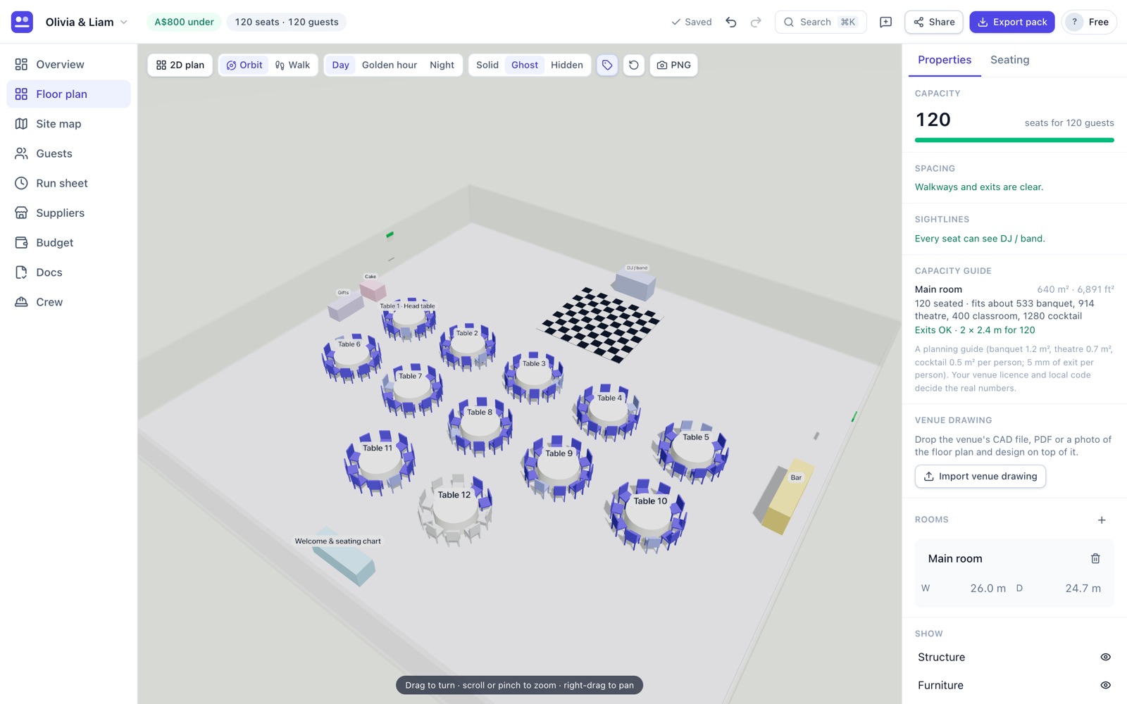 A wedding layout seen in 3D