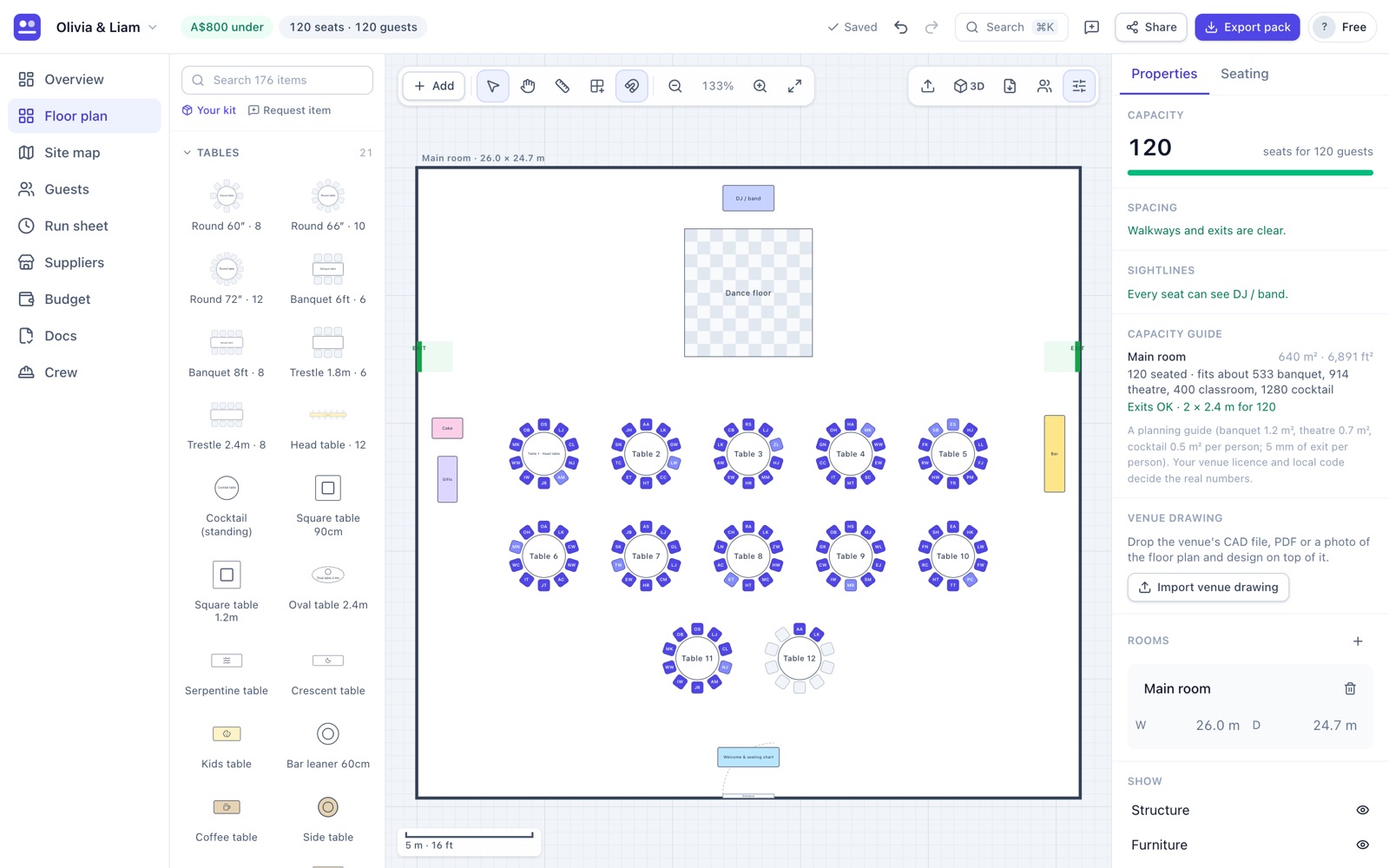 A Plotline floor plan with capacity, spacing and sightline checks